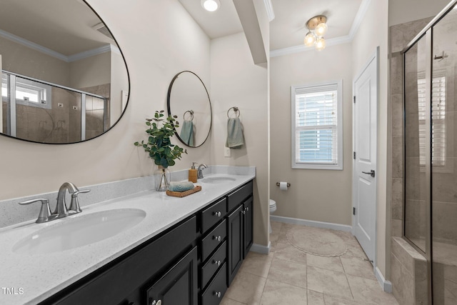 bathroom with tile patterned flooring, ornamental molding, vanity, and walk in shower