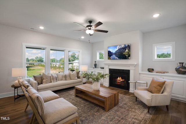 living room with ceiling fan and dark hardwood / wood-style flooring