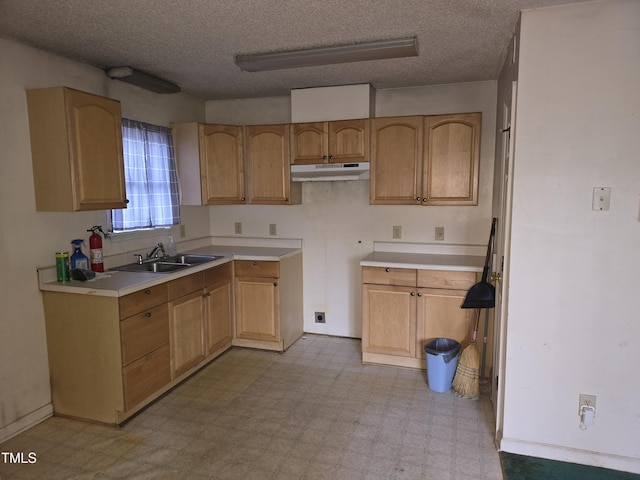 kitchen featuring light brown cabinets, a textured ceiling, and sink