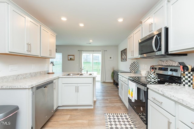 kitchen featuring white cabinets, kitchen peninsula, sink, and appliances with stainless steel finishes