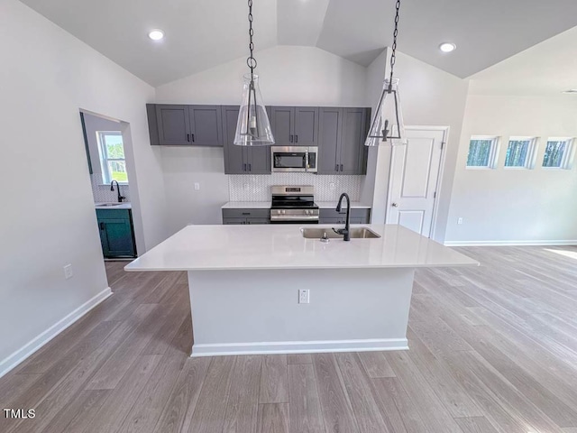 kitchen featuring decorative backsplash, a kitchen island with sink, sink, and stainless steel appliances