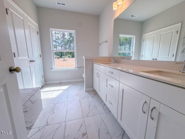 bathroom with vanity, toilet, and a wealth of natural light