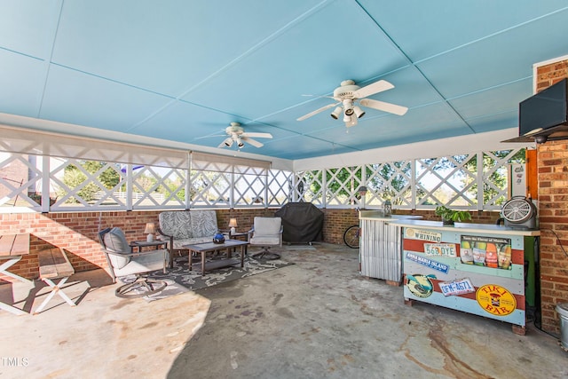 view of patio / terrace with outdoor lounge area, grilling area, and ceiling fan