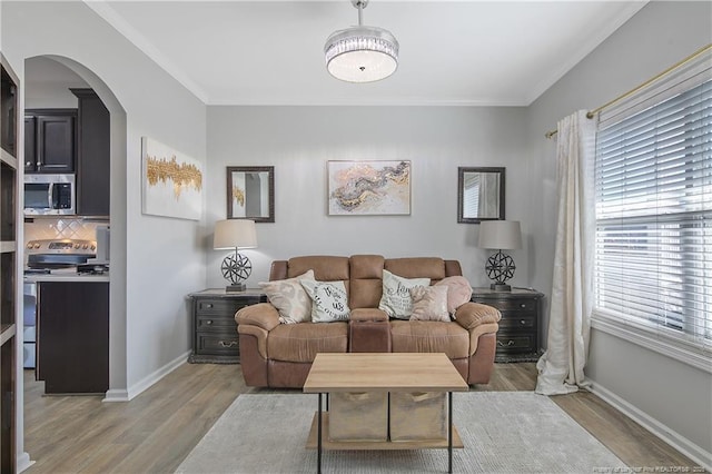 living room with hardwood / wood-style floors and crown molding