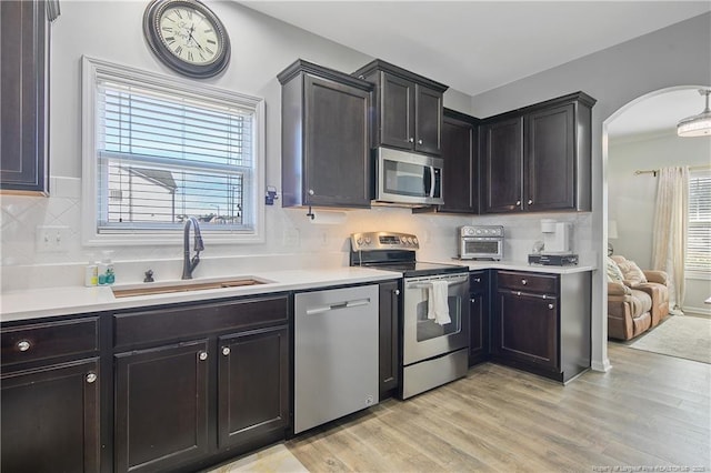 kitchen featuring backsplash, sink, light wood-type flooring, and appliances with stainless steel finishes