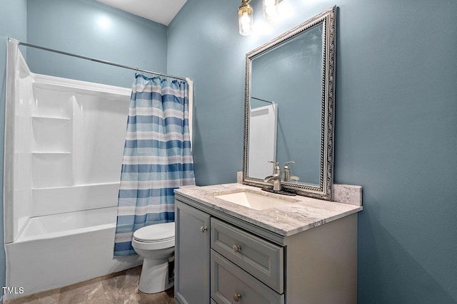 full bathroom with vanity, toilet, and shower / bathtub combination with curtain