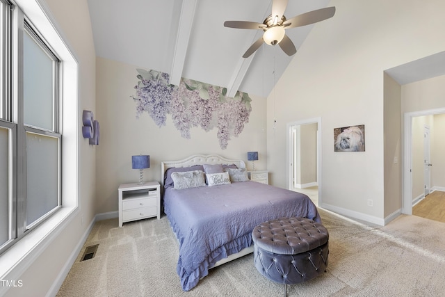 carpeted bedroom featuring beam ceiling, high vaulted ceiling, and ceiling fan