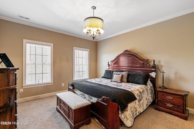 carpeted bedroom with a notable chandelier and crown molding