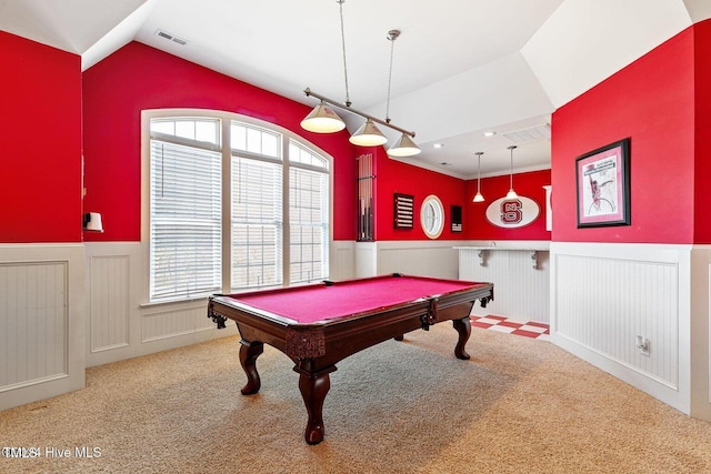 recreation room featuring carpet flooring, vaulted ceiling, and billiards