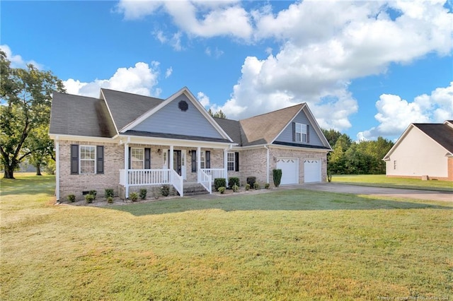 view of front facade featuring covered porch, a front yard, and a garage