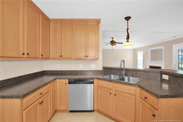 kitchen with stainless steel dishwasher, ceiling fan, sink, pendant lighting, and light tile patterned floors