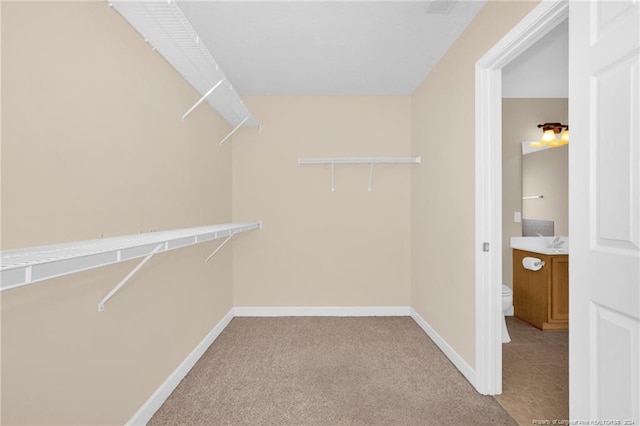 walk in closet featuring light carpet