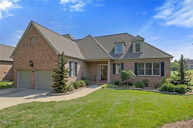 view of front of property with a garage and a front lawn