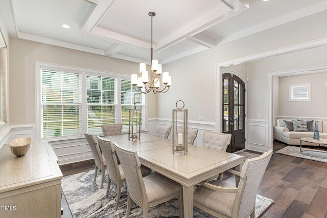 dining area with coffered ceiling, plenty of natural light, dark hardwood / wood-style floors, and an inviting chandelier