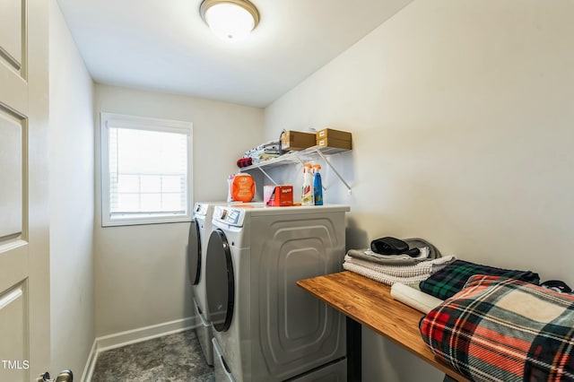 washroom featuring laundry area, washing machine and dryer, and baseboards