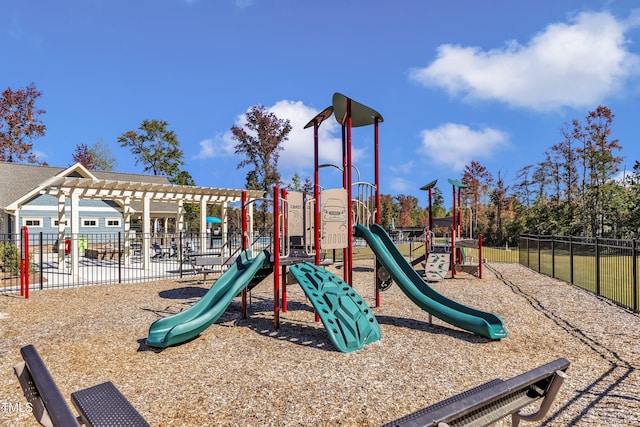 view of playground featuring a pergola