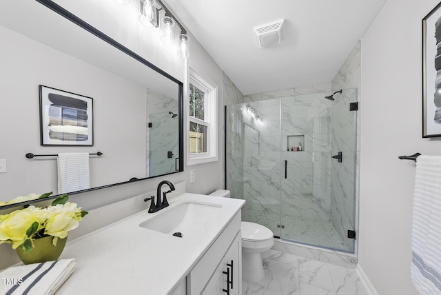 bathroom with walk in shower, vanity, and toilet