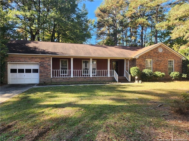 ranch-style house with a front yard, a porch, and a garage