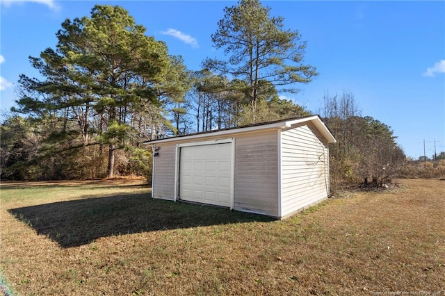 view of outbuilding with a garage and a yard