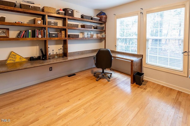 home office with light hardwood / wood-style floors