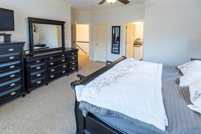 bedroom featuring light carpet, crown molding, and ceiling fan