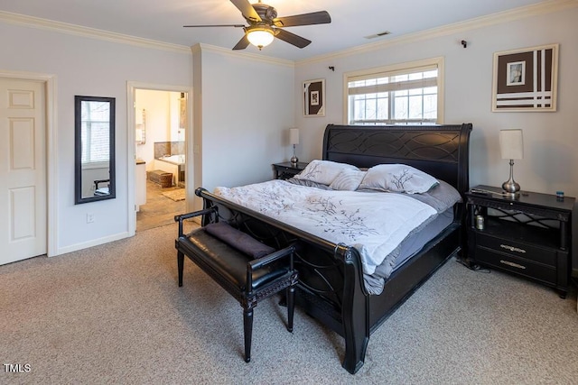 bedroom with ensuite bath, ceiling fan, crown molding, multiple windows, and light carpet