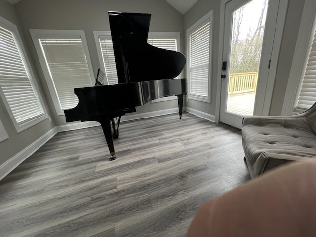 sitting room with light hardwood / wood-style flooring and lofted ceiling