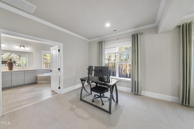 carpeted office with ornamental molding