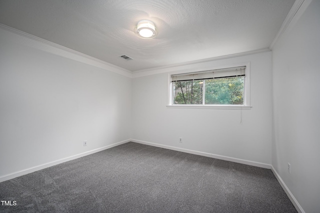 carpeted spare room with ornamental molding and a textured ceiling