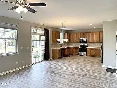 kitchen featuring ceiling fan, sink, light hardwood / wood-style flooring, pendant lighting, and appliances with stainless steel finishes