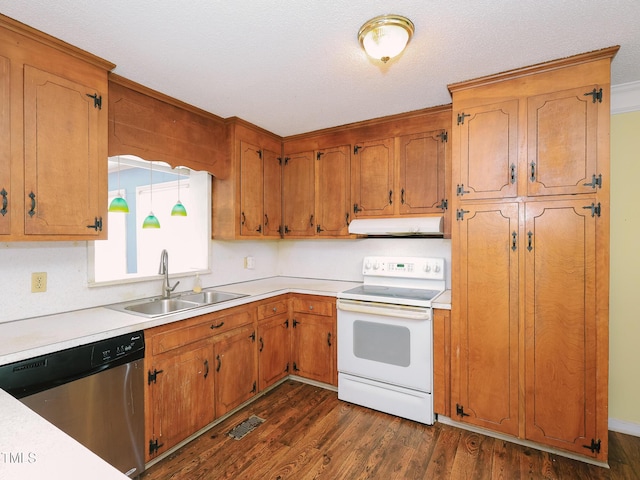 kitchen featuring a textured ceiling, sink, electric stove, dishwasher, and dark hardwood / wood-style floors