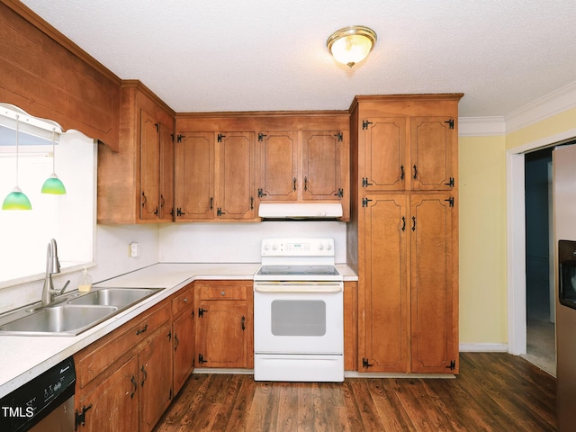 kitchen featuring dark hardwood / wood-style flooring, a textured ceiling, sink, electric stove, and dishwasher