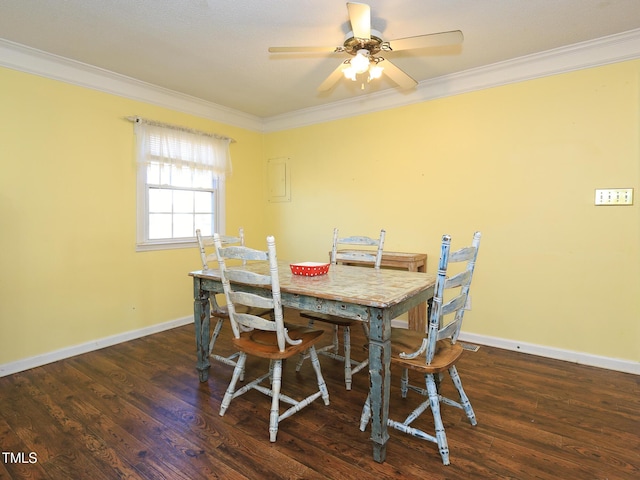 dining area featuring crown molding, dark hardwood / wood-style flooring, and ceiling fan