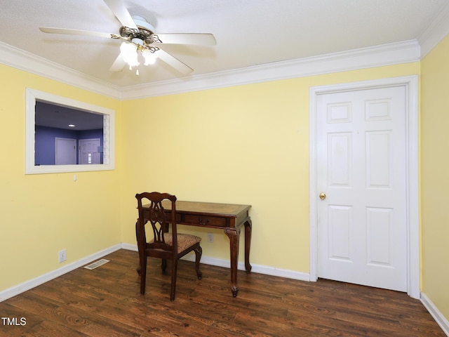 office with ceiling fan, dark wood-type flooring, and ornamental molding