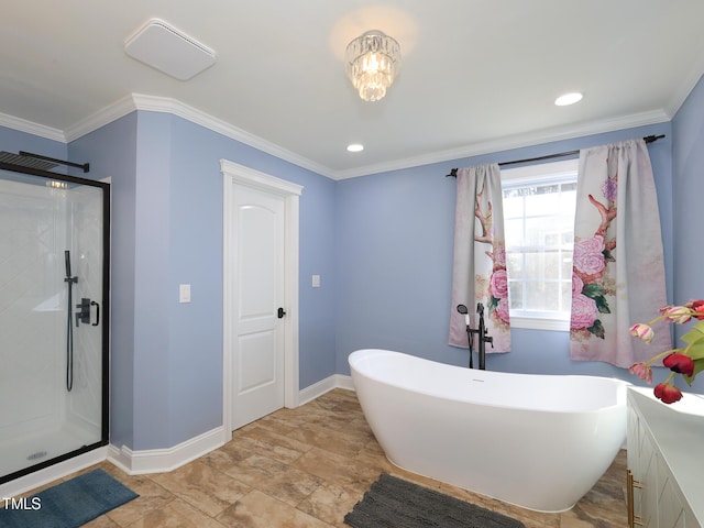 bathroom with crown molding and shower with separate bathtub