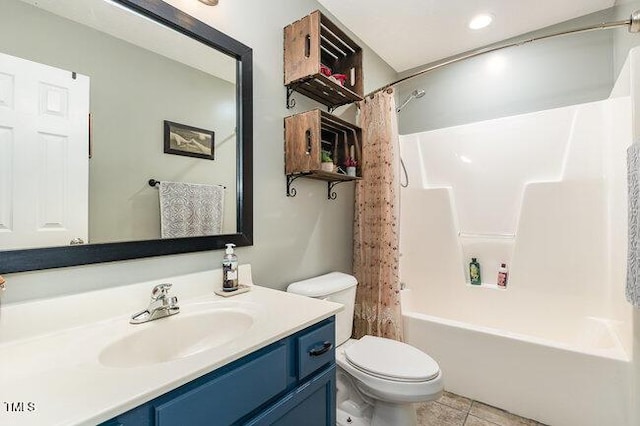 full bathroom featuring toilet, tile patterned flooring, shower / bath combination with curtain, and vanity