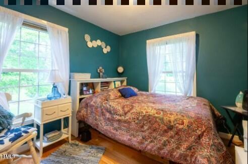 bedroom featuring wood-type flooring and multiple windows