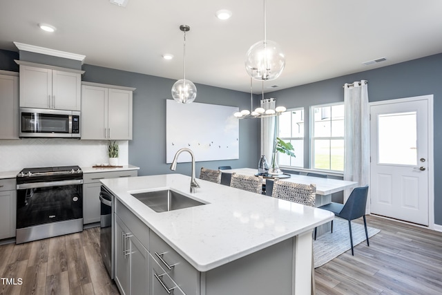 kitchen with sink, hanging light fixtures, gray cabinets, an island with sink, and stainless steel appliances