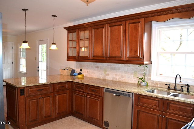 kitchen featuring sink, light stone counters, stainless steel dishwasher, kitchen peninsula, and decorative light fixtures