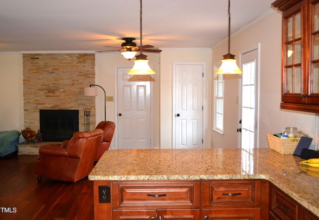 kitchen with ceiling fan, dark hardwood / wood-style flooring, light stone countertops, and decorative light fixtures