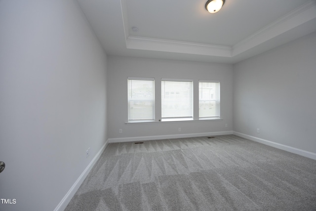 carpeted empty room with a raised ceiling and crown molding