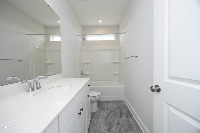 full bathroom with washtub / shower combination, vanity, and toilet