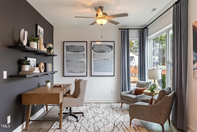 office area featuring ceiling fan and light hardwood / wood-style flooring