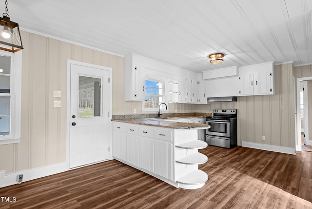 kitchen featuring white cabinets, dark hardwood / wood-style flooring, stainless steel electric range oven, and light stone counters