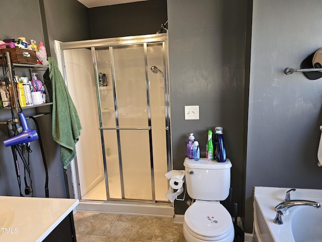 full bathroom featuring toilet, vanity, and plus walk in shower