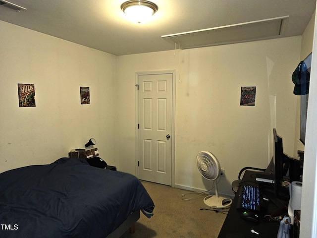 bedroom with light colored carpet