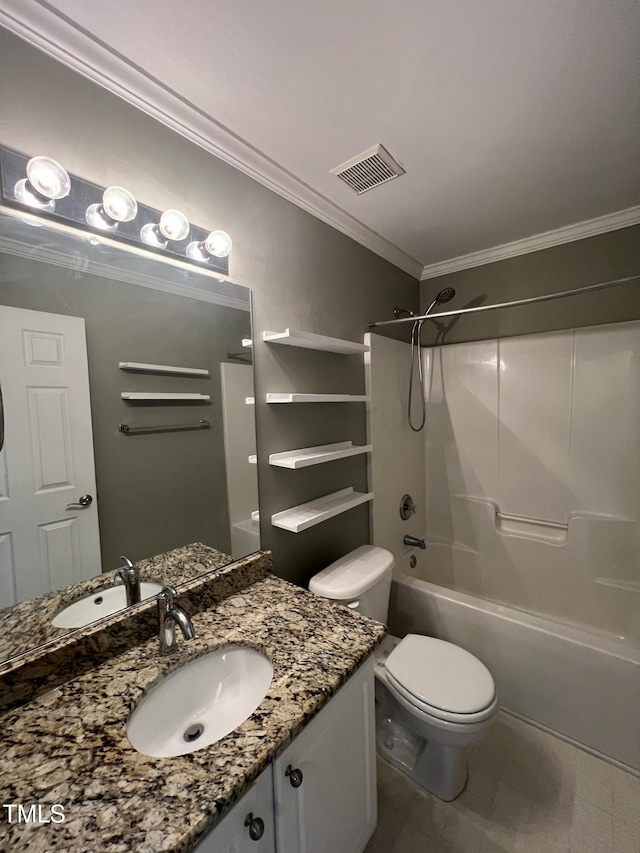 full bathroom with shower / bath combination, crown molding, vanity, and toilet