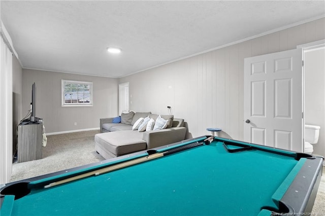 game room with crown molding, carpet floors, and pool table