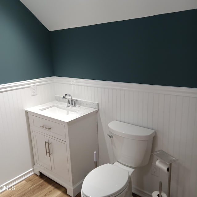 bathroom with wood-type flooring, vanity, and toilet