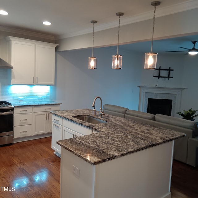 kitchen with decorative backsplash, stainless steel range, sink, white cabinetry, and an island with sink